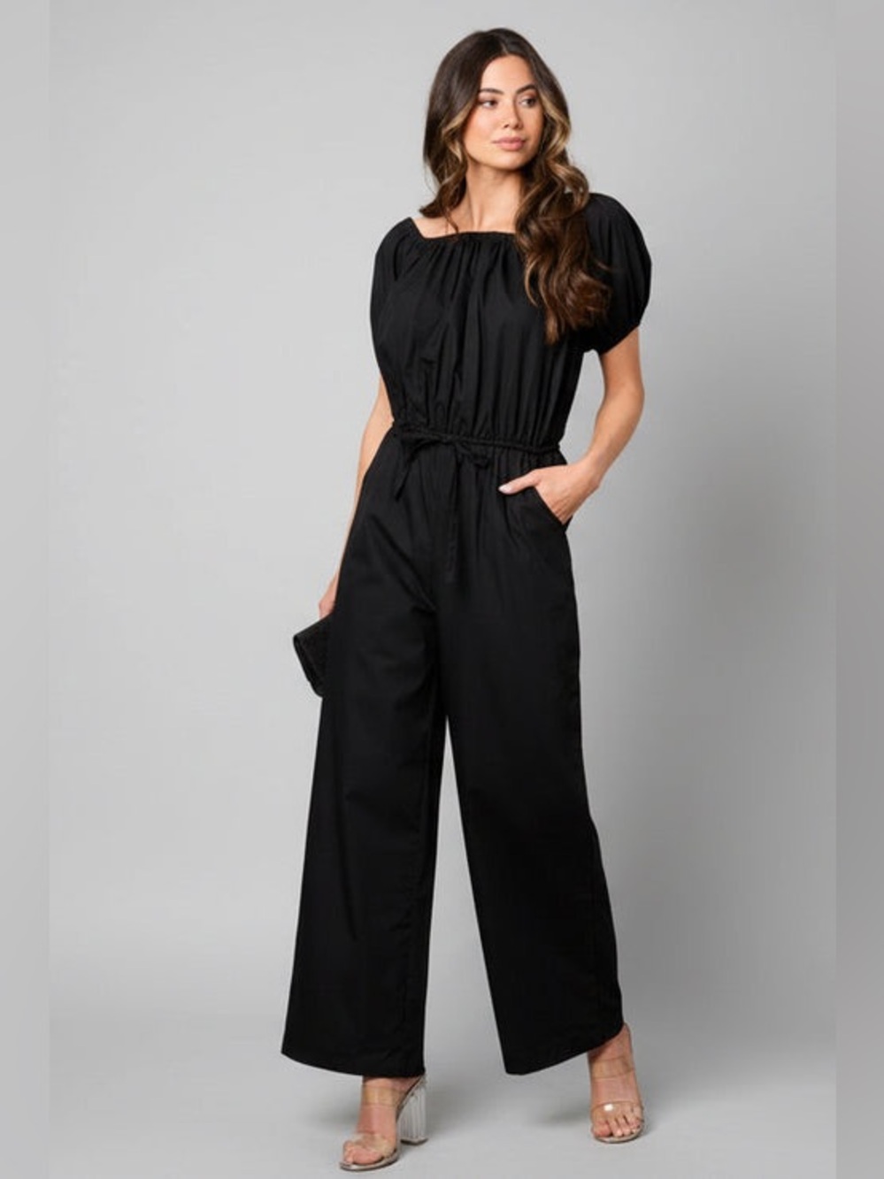 MIDNIGHT CLINCH PUFF SLEEVE ELASTIC WAIST WIDE LEG JUMPSUIT - Picture 4 of 7